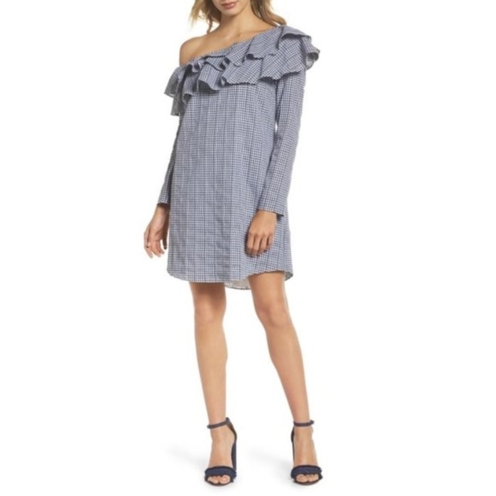 Adelyn Rae Gingham One-Shoulder Ruffle Dress